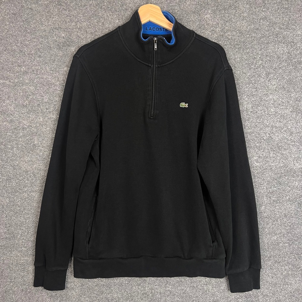 Lacoste Quarter Zip Pullover Mens 6 XL Black Excellent Cotton Ribbed Mock Neck